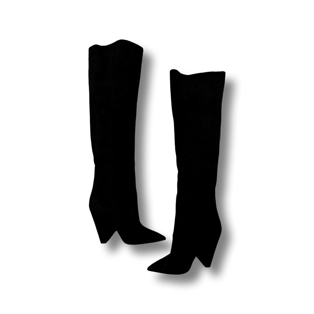 Saint Laurent Niki Nero Scamosciato Suede Pointed Knee High Runway Boots